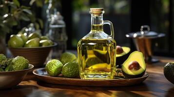 Avocado oil on a table in a glass bottle on a background of greenery Generative AI photo