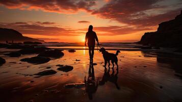 Romantic walk with the dog at sunset on the ocean photo