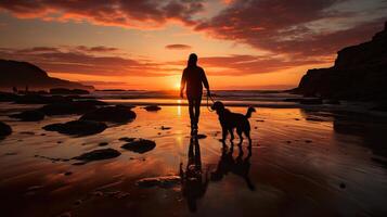 romántico caminar con el perro a puesta de sol en el Oceano generativo ai foto