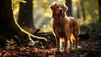 Dogs walk in the autumn forest or park Generative AI photo