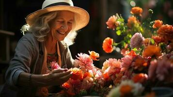 contento mayor mujer con flores en jardín generativo ai foto