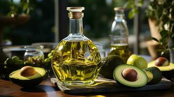 Avocado oil on a table in a glass bottle on a background of greenery Generative AI photo