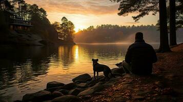 caminando en naturaleza con un perro puesta de sol a el lago generativo ai foto