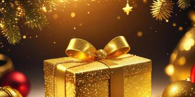Gold gift boxes and gold glitter particles with bokeh light background,. photo