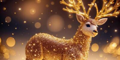 Christmas decorations of bokeh with gold glitter particles and gold reindeer in the background,. photo