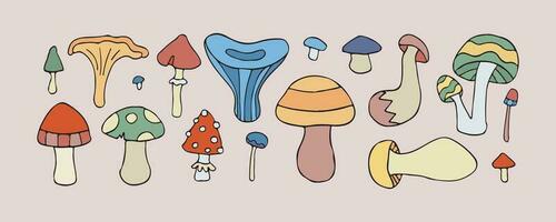 Vector doodle mushroom set, isolated fungi icon collection, retro 60s hippie print, trippy funky magic mushrooms, cartoon forest psychedelic collection