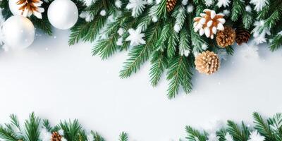 Christmas tree branches and ornaments isolated on white background,. photo