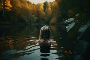 espalda ver de solitario rubia mujer practicando salvaje nadar, relajante en lago en otoño bosque en naturaleza. generativo ai foto