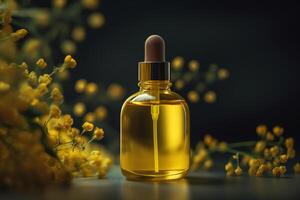 Herbal cosmetology, eco cosmetics, natural beauty product. Close-up of a bottle of cosmetic serum oil for daily care and yellow flowers. Generative AI photo