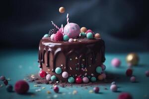 Cute little chocolate cake decorated with delicious sweet toppings, celebration dessert . Generative AI photo