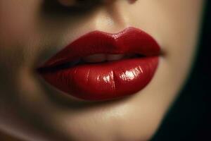 Red lipstick on female lips, close-up. Beauty, female cosmetics, make-up. Generative AI photo