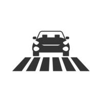 Vector illustration of car at zebra crossing icon in dark color and white background