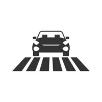 Vector illustration of car at zebra crossing icon in dark color and white background