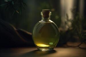 Green round bottle of liquid for daily care and leaves. Herbal cosmetology, eco cosmetics. photo