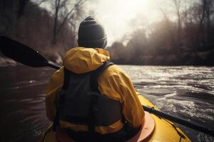 Kayaking, sports recreation, watersport. Rear view of man in yellow jacket and hat holding oars in boat on river. photo