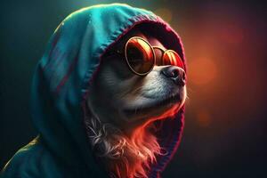Funny purebred hipster pet with glasses and a hood, stylish cool dog looking away. Animal portrait, Generative AI photo