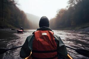 Rafting on river in autumn. Rear view of male athlete in kayak with paddles on water on an autumn cloudy day, active recreation. Generative AI photo