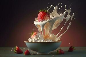 Levitating delicious dessert, cream and ripe red strawberries. Vegan Yoghurt. Generative AI photo
