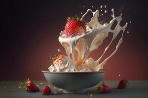 Levitating delicious dessert, cream and ripe red strawberries. Vegan Yoghurt. Generative AI photo