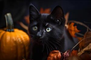 Black kitten and autumn pumpkins, halloween mood. photo