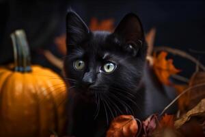 Black kitten and autumn pumpkins, halloween mood. Generative AI photo