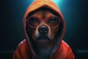 Serious hipster dog with glasses and a hood, stylish cool funny pet. Animal portrait, Generative AI photo