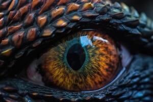 Macro eye of dragon, scales of reptile and pupil, an evil look into camera. Fantasy illustration, Generative AI photo