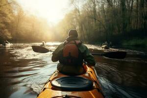 canotaje en el río, kayak activo recreación. posterior ver de grupo de personas Atletas en barcos en agua en primavera soleado día, de cerca. generativo ai foto