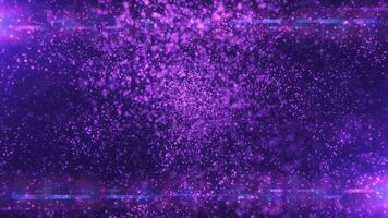Purple looped background of many blurred circles with bokeh effect of energy magical glowing particles and light lines abstract background video
