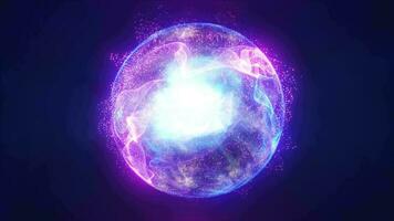 abstrakt Energie Blau Kugel mit fliegend glühend lila Partikel und Magie Feld, Wissenschaft futuristisch Hi-Tech Hintergrund video
