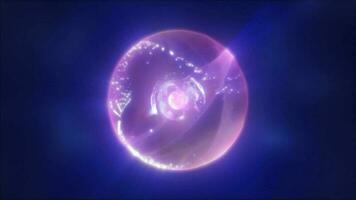 Abstract purple energy sphere with flying glowing bright particles, science futuristic atom with electrons hi-tech background video