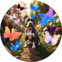Dog with butterflies. Botanical, natural background. Animals, friends. png