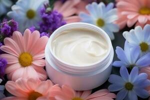 white lotion tube on a bed of colorful flowers photo