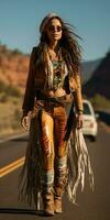 badass Native American woman hitchhiking walking on road photo