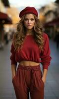 full body shot of Cute woman in red outfit 1980s fashion photo