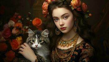 young beautiful girl with flowers and cat photo