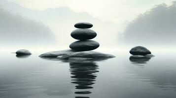 stones stacked on the water foggy view photo