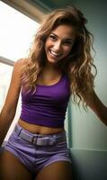 Cute Woman in violet crop top and shorts in her bedroom closeup photo