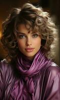 closeup shot of Cute woman in violet outfit 1980s fashion photo