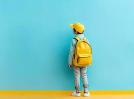 pequeño chico con colegio bolso foto