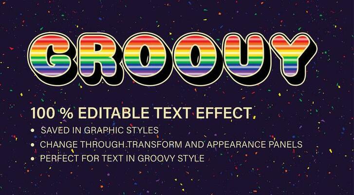Groovy editable text effect in vintage style. Volumetric letters with rainbow stripes. Retro typographic graphic style. Good for hippie style of 60s, 70s For poster, header design