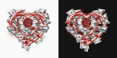 Composition with bundle of cash money in heart shaped frame, blooming red rose in centre. Concept of love of money. Trash polka style. vector