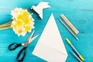 DIY instructions. How to make card with origami dove at home. Step by step photo instruction. Step 1. paper fold lines