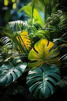 A vibrant tapestry of abstract shapes and patterns intertwines with lush green foliage, bathed in shimmering sunlight. photo