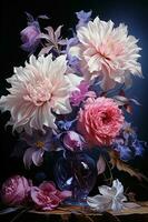 A pink, purple and white arrangement of flowers. AI generative photo