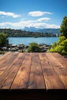 Wood table on close up lake blur on the background. Natural afternoon sunlight. AI generative photo