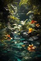 A vibrant tapestry of abstract shapes and patterns intertwines with lush green foliage, bathed in shimmering sunlight. photo
