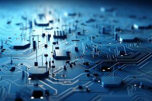 Mechanism, computer circuits, light blue background. photo