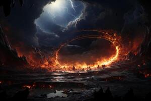 art of a black hole with black center and a white ring of plasma around it. AI generaitve photo