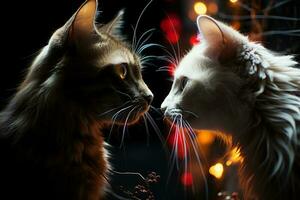 Two cats see each other against a dark background. AI generative photo